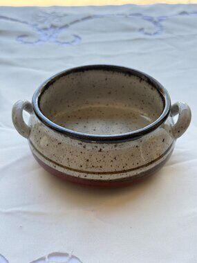 Vintage Speckled Stoneware Soup Crock with Handles Rustic Ceramic Bowl